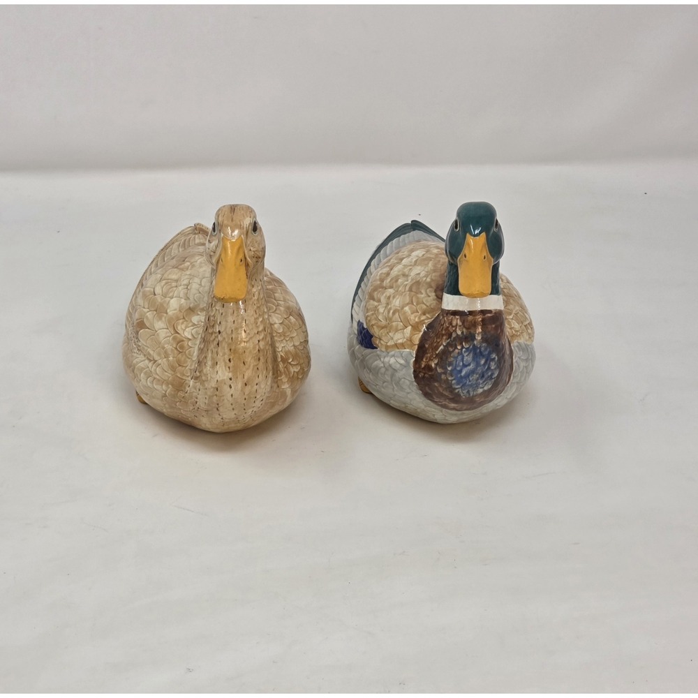 Vintage 1959 Hand Painted Glazed Ceramic Mallard Duck Figurines Pair MCM Decor